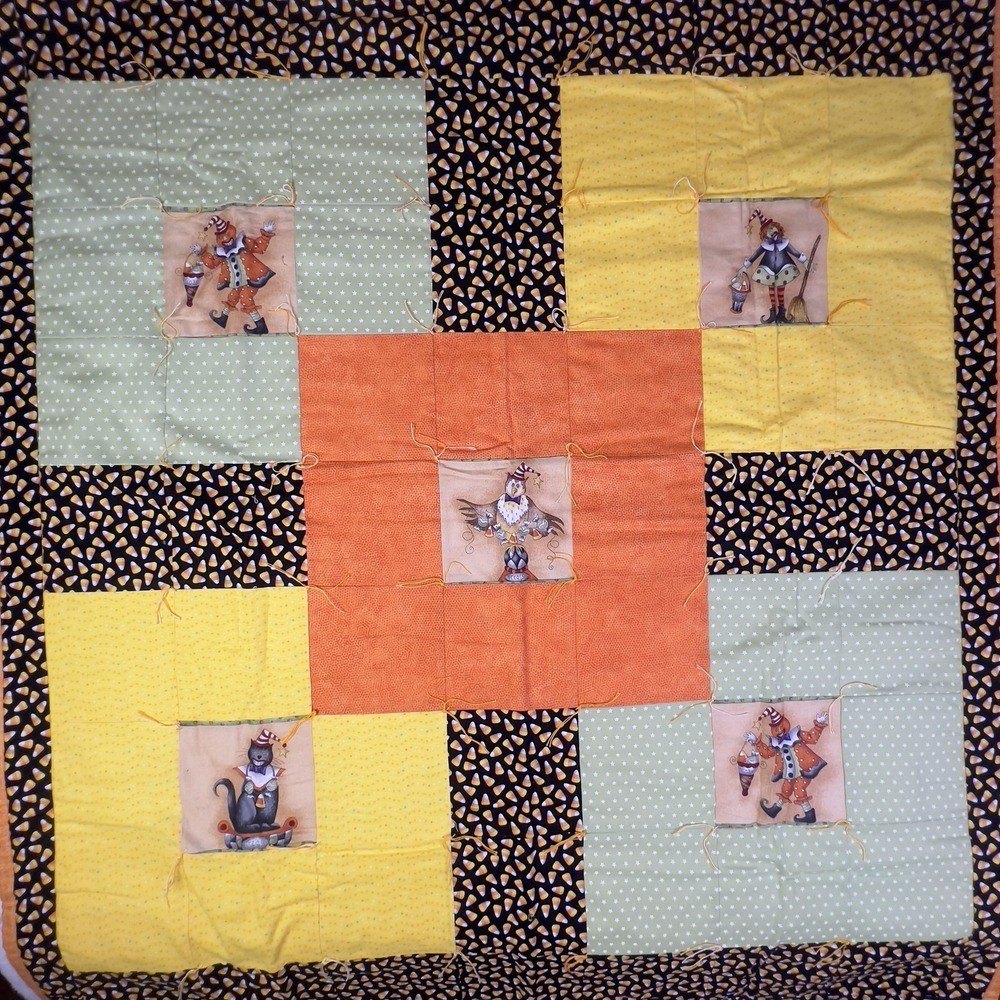Handmade Halloween‎ Patchwork Quilt Kids 47x38.5 Candy Corn Cat Tote Bag Set